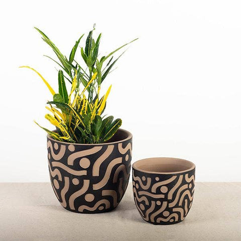 Terracotta Black Pot with Aztec Inspired Design - Planter - The Local Boom Gift Shop